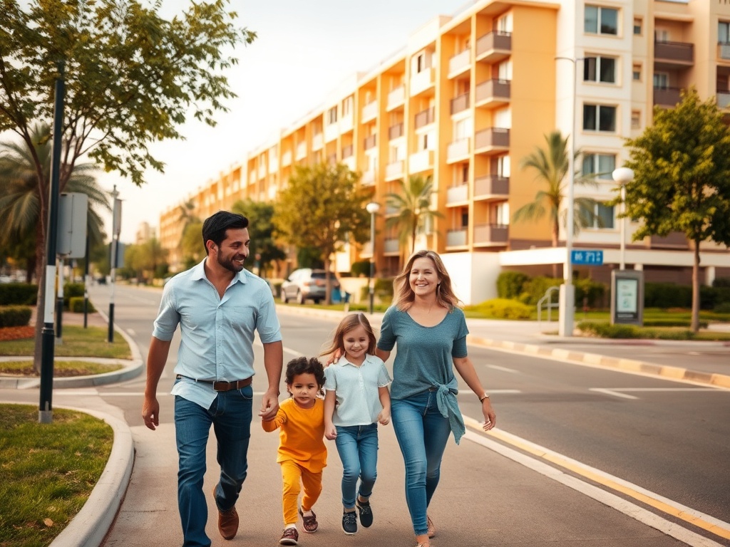 Счастливая семья гуляет по улице, держась за руки и наслаждаясь временем вместе.