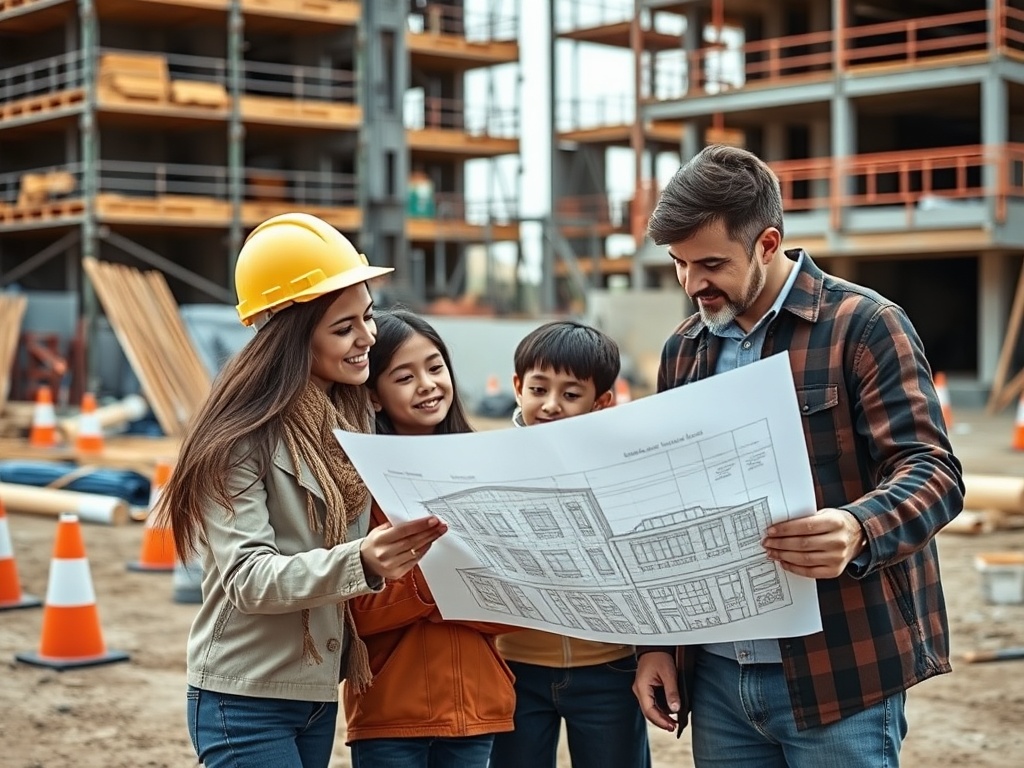 Какие ошибки допускают покупатели новостроек Четыре человека смотрят на чертеж в строительной площадке, обсуждая проект. Вокруг строительные материалы.