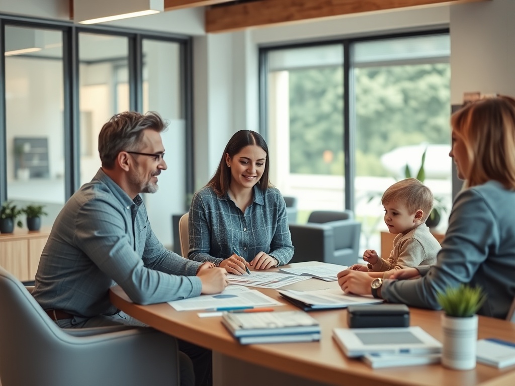 Ипотека и влияние роста цен на стройматериалы Семья обсуждает документы за столом в современном офисе, рядом маленький ребёнок.