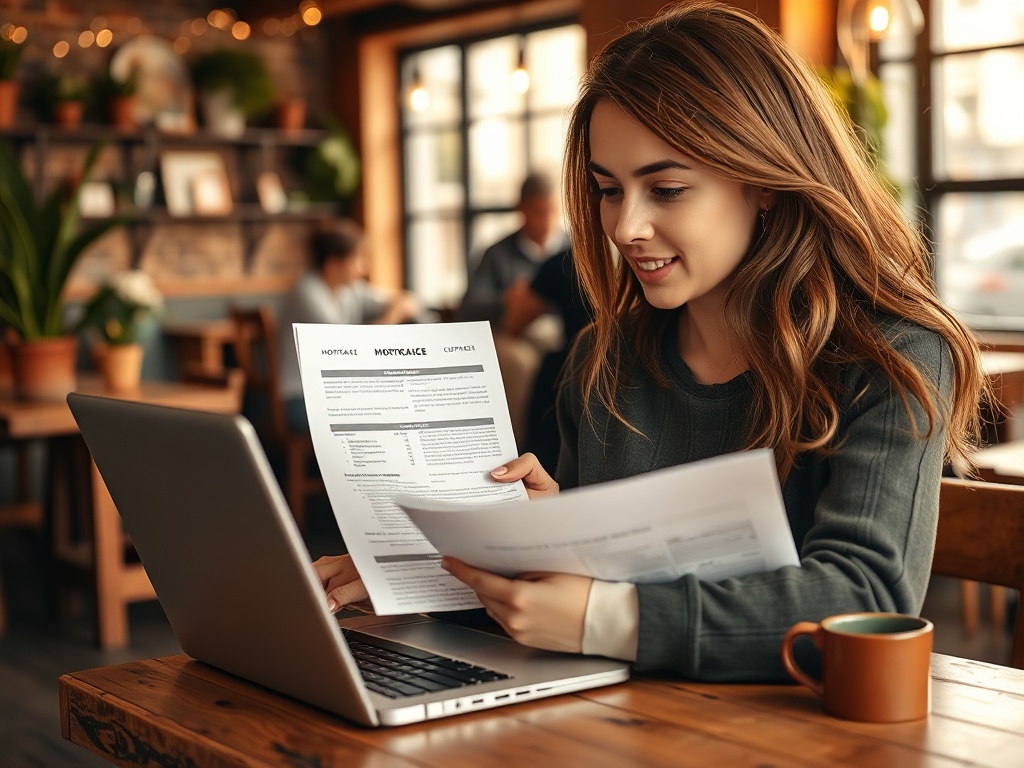 Ипотека для работников креативных индустрий Молодая женщина изучает документы о ипотеке за ноутбуком в кафе, рядом с ней чашка кофе.
