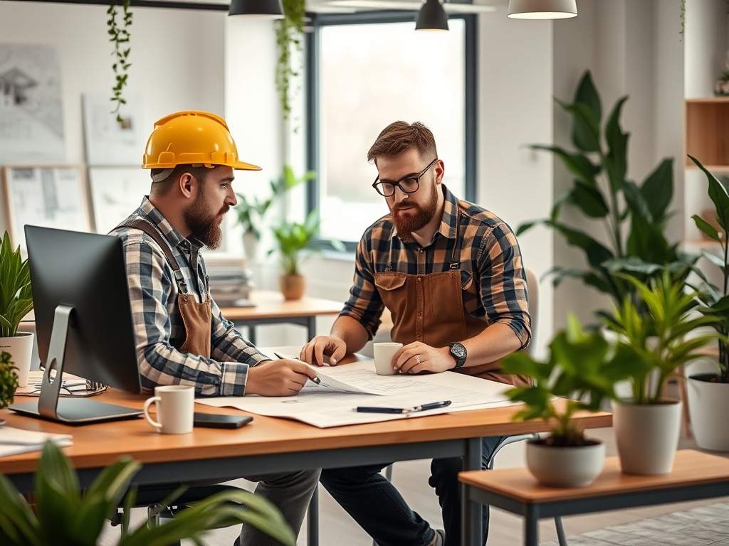 Два мужчины в офисе обсуждают планы, окружённые растениями и ноутбуком. Один в строительной каске.