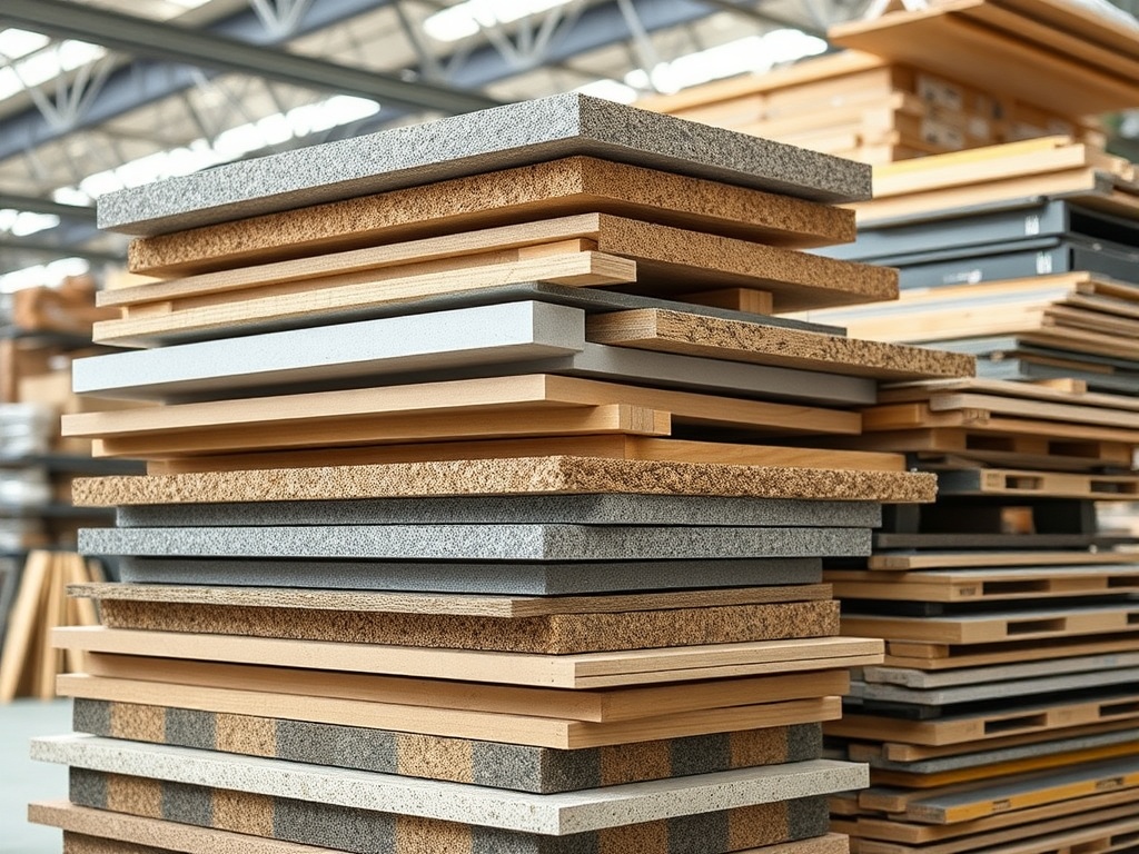 Ипотека и влияние роста цен на стройматериалы На фотографии сложены слои различных плит из древесных материалов на складе.