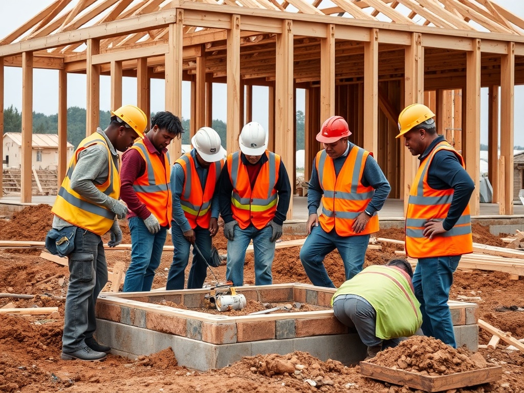 Группа строителей в ярких жилетах обсуждает работу на строительной площадке. Видно деревянное строение.