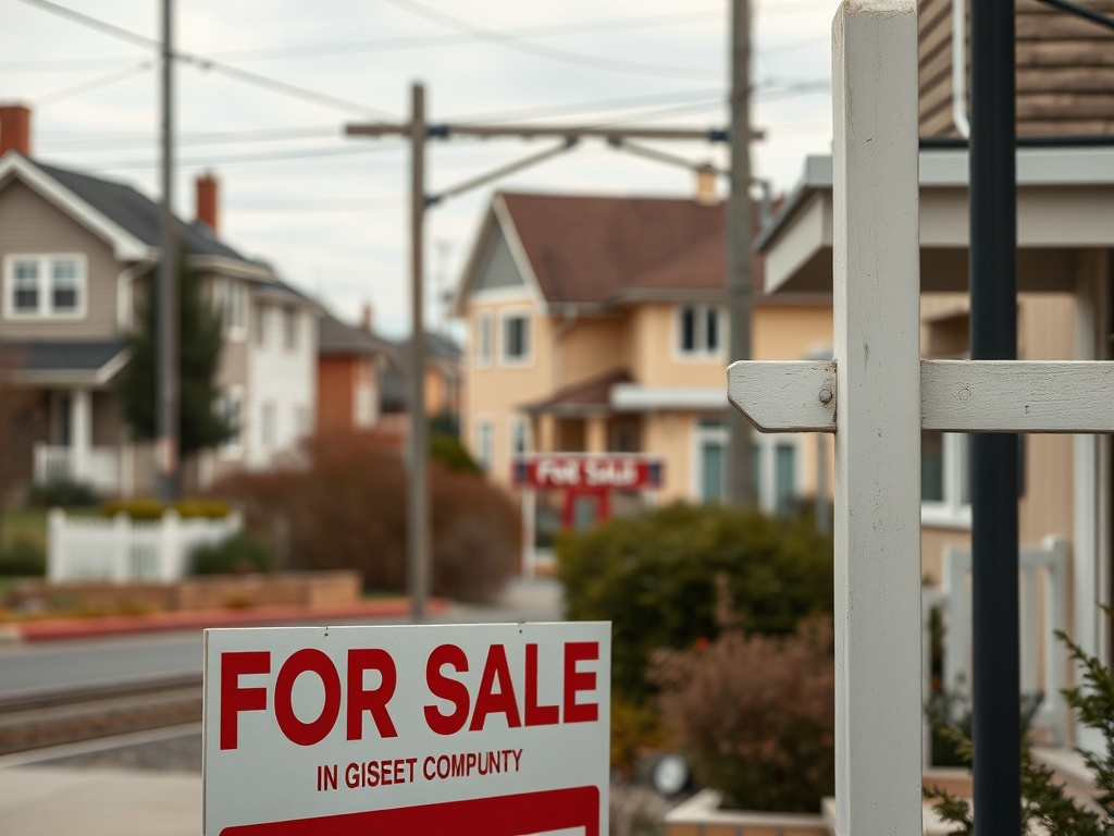 Знак "Продается" на фоне жилых домов в районе Гизет. Серая погода.