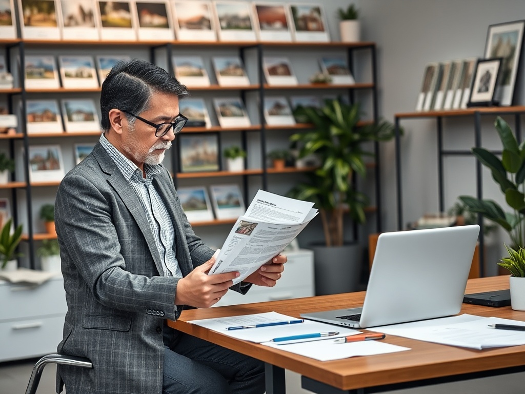 Какие ошибки допускают покупатели новостроек Старший мужчина в костюме читает документы за столом в современном офисе с зелеными растениями.