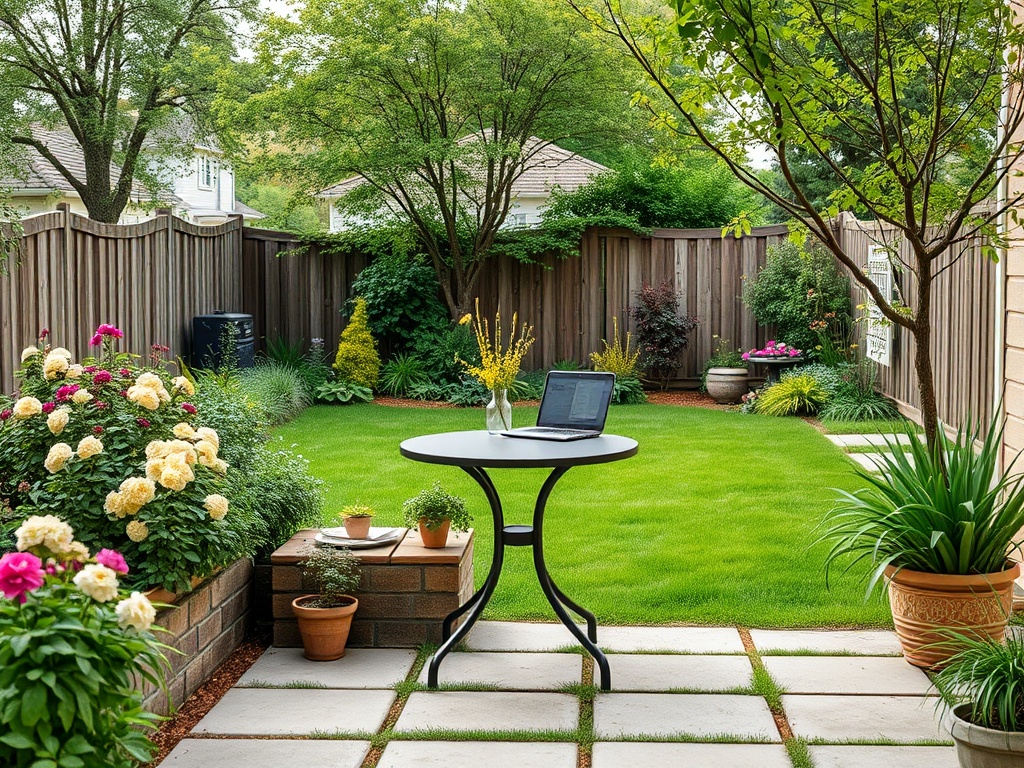 Светлый сад с густой травой, столом и ноутбуком, окружённый красивыми цветами и зелёными растениями.