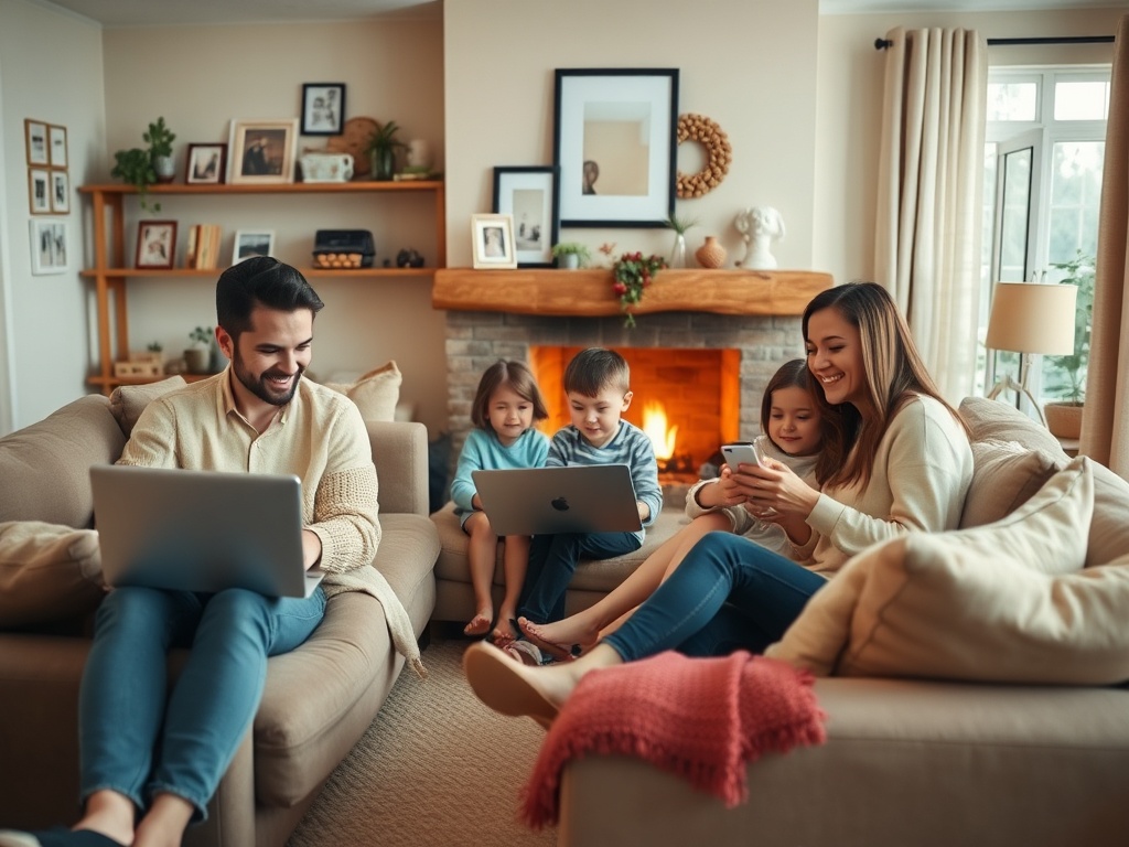 Счастливая семья проводит время вместе в уютной гостиной, используя электронные устройства.