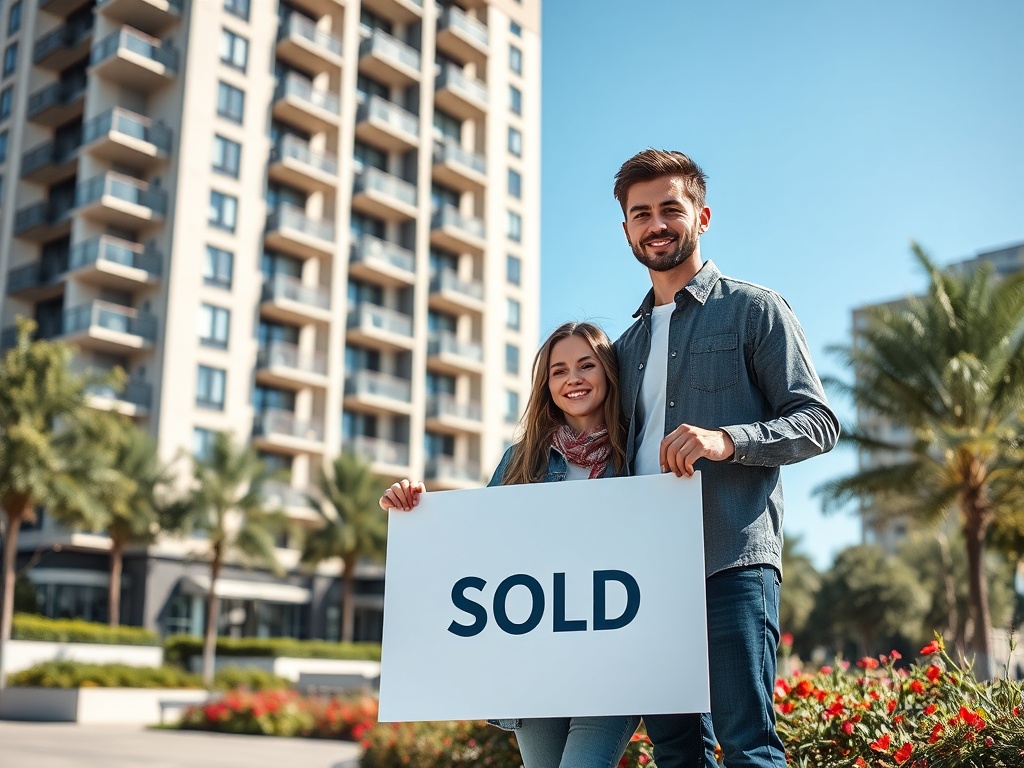 Молодая пара стоит с табличкой "Продано" на фоне современного жилого комплекса. Солнечный день.